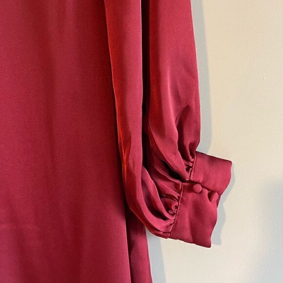 Express Burgundy Satin Long Sleeve Surplice Twist Front High Low Hem Midi Dress - Picture 16 of 17